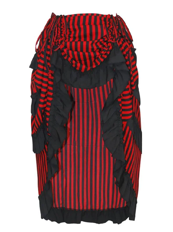 Wrap skirts with tie-front detail charm -Victorian Steampunk Gothic Irregular High-low Ruffle Skirt /Black and Red Stripes