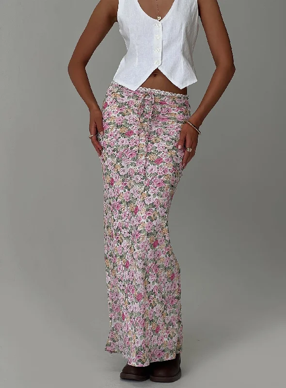 Khaki Long Skirts for Casual -Emily Maxi Skirt Pink Floral