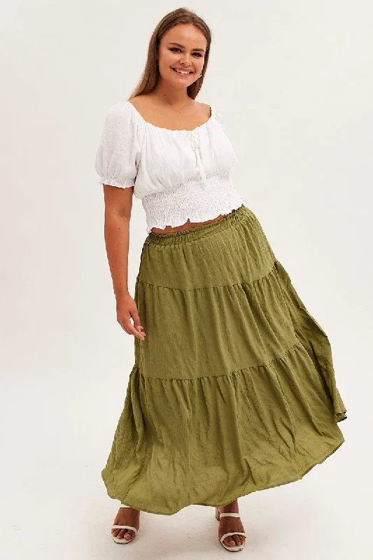 Solid Color Long Skirts for Simple -Khaki Maxi Skirt Elastic Waist Long Textured