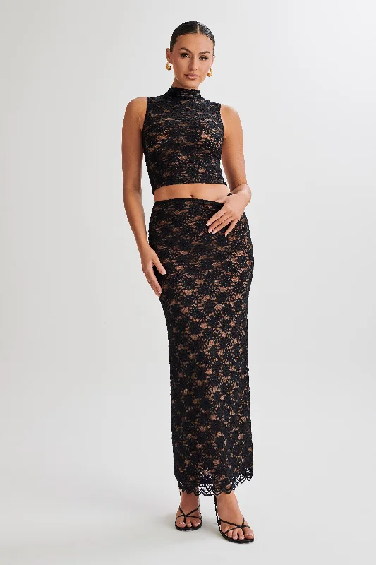 Vintage pencil skirts for nostalgic chic -Elska Lace Maxi Skirt - Black