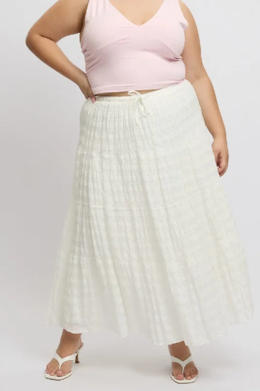 Hippie Long Skirts with Beads -White Textured Tiered Maxiskirt