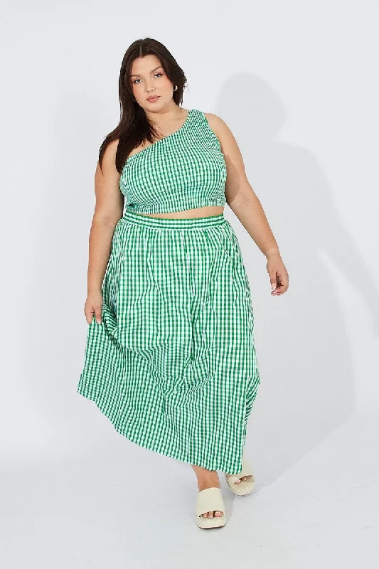 Geometric Long Skirts for Modern -Green Check Maxi Skirt Elastic Waist Side Pockets