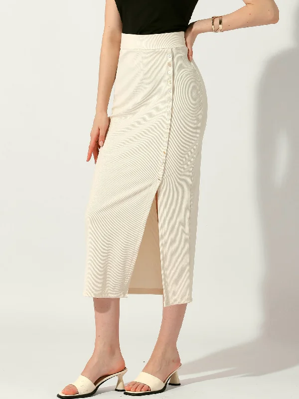 Indian Long Skirts with Intricacy -Pencil Basic Skirt Midi Casual Side Split Ribbed Knit Bodycon Skirts