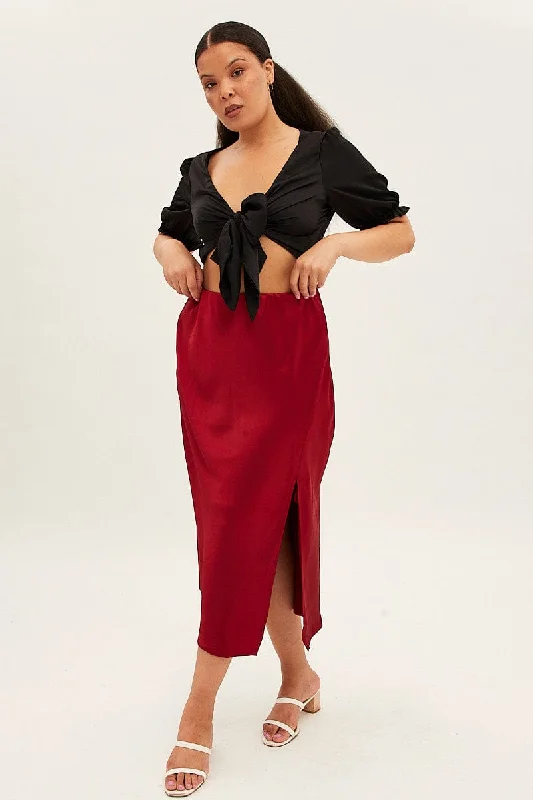 Printed Long Skirts with Patterns -Red Midi Skirt Satin Split Flare