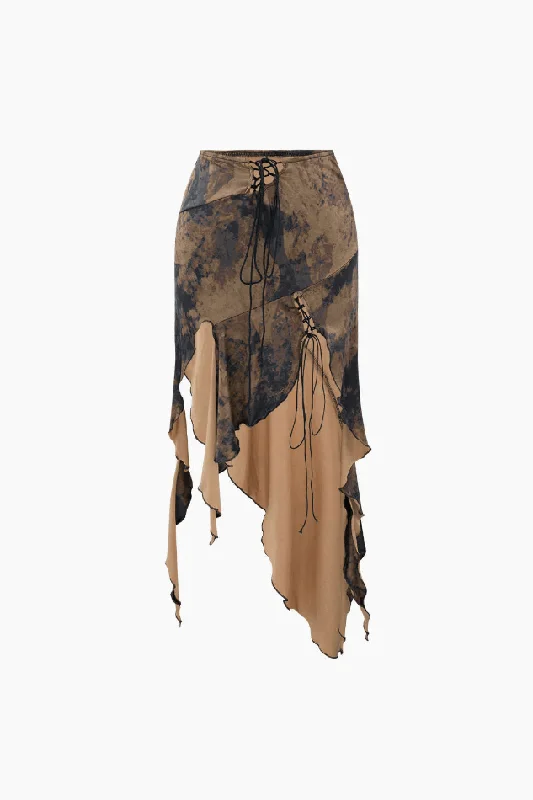 Trendy skirts with asymmetrical hem lines -Tie Dye Asymmetric Ruffle Hem Skirt