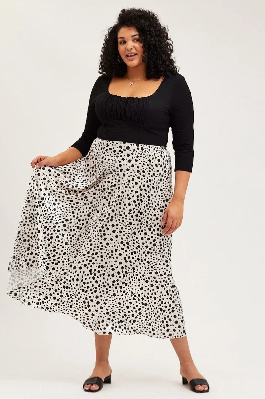 Linen Long Skirts for Breathable -Geo Print Midi Satin Skirt