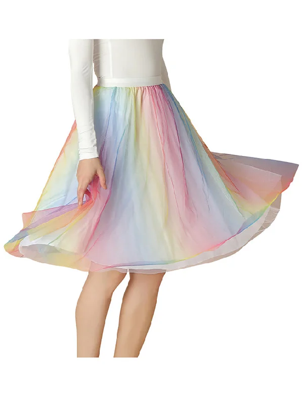 Wrap maxi skirts for versatile styling options -Women Mesh A-line Tulle Skirt Fairy Pleated Colorful Gradient Midi Skirt