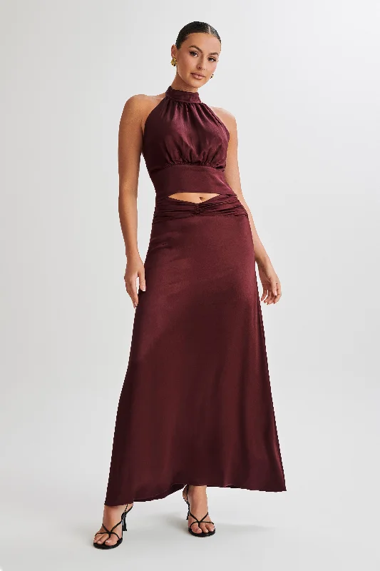 Luxury skirts with elegant silk sheen -Clara Satin Ruched Maxi Skirt - Plum