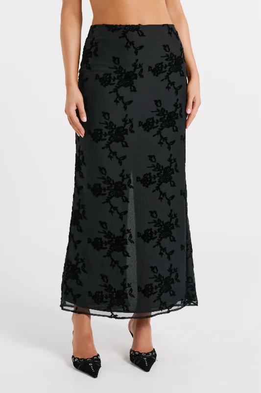 Ruffled skirts with lace trim softness -Mona Burnout Velvet Maxi Skirt - Black