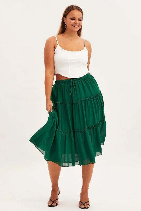 Nylon Long Skirts for Stretch -Green Midi Skirt Elastic Waist Chiffon Frill