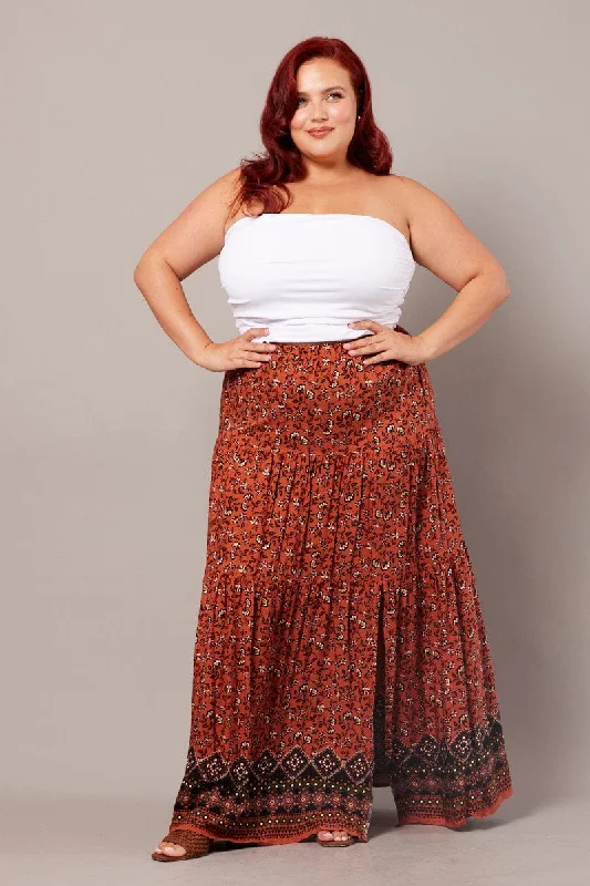 Wrap Long Skirts for Adjustable -Brown Boho Split Maxiskirt