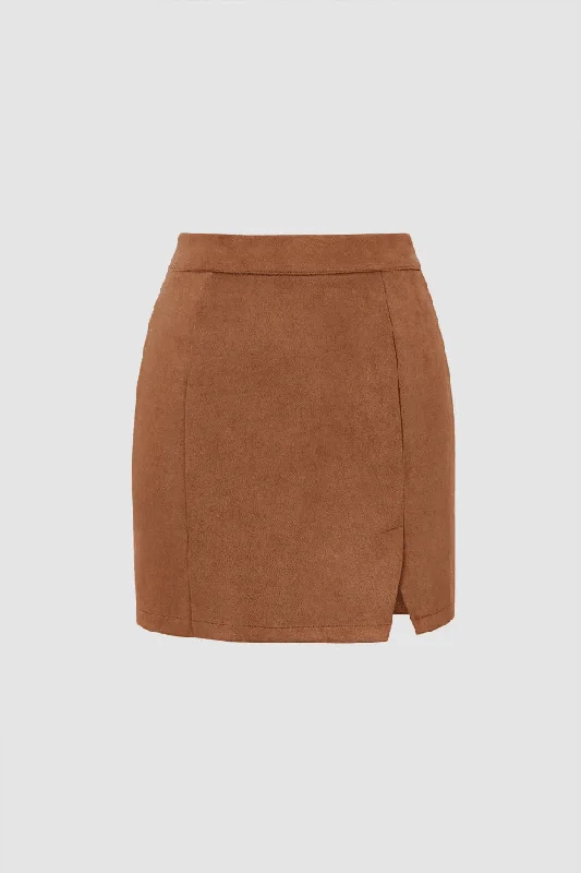 Pleated skirts with delicate pastel tones -Faux Suede Side Slit Mini Skirt