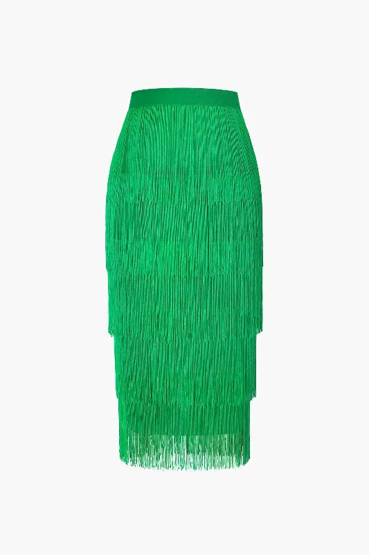 Designer skirts for luxury fashion flair -Fringed Tiered Midi Skirt