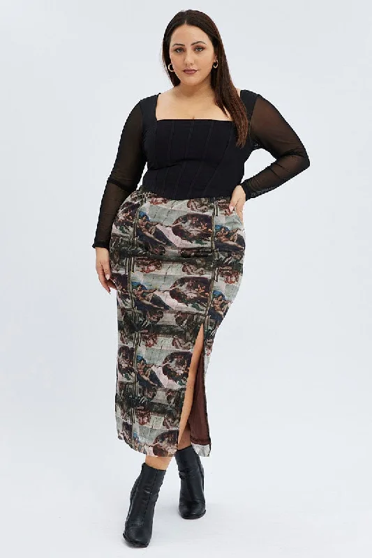 Wrap Short Skirts for Adjustable -Brown Abstract Midi Skirt Mesh