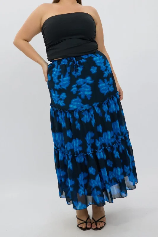 Contemporary Long Skirts for Fashion -Blue Abstract Elastic Waist Tie Front Maxiskirt