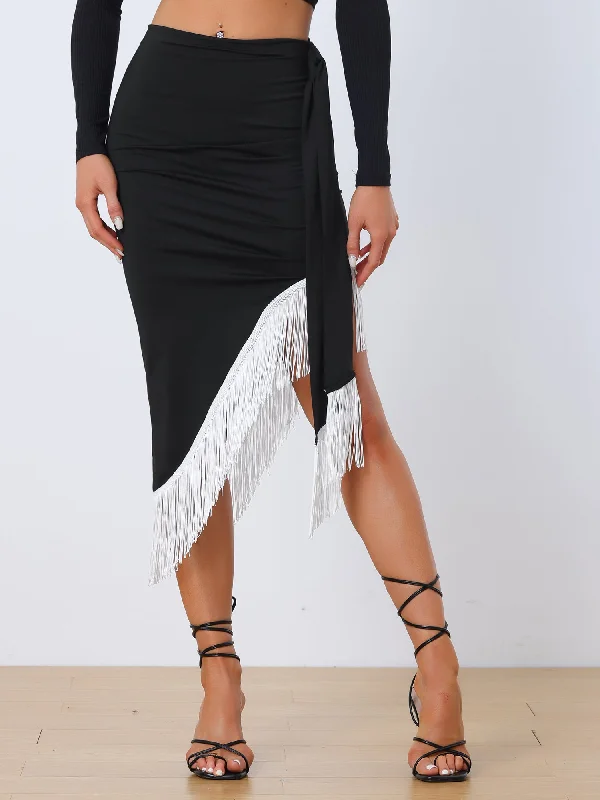 Ethnic Long Skirts with Tribal Design -Fringe Trim Bodycon Asymmetrical Ruched Tie Waist Party Midi Skirts