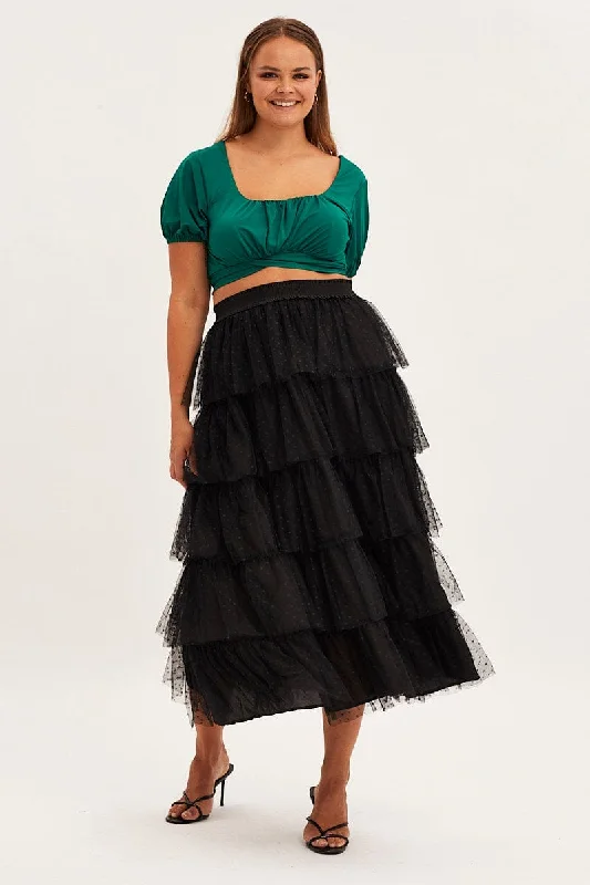 Low-waisted Long Skirts for Relaxed -Black Midi Skirt Elastic Waist Mesh Ruffle